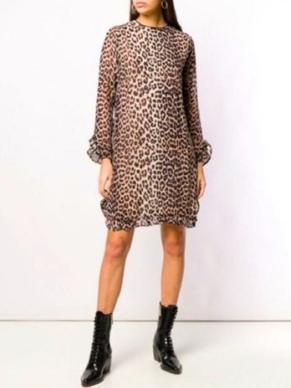 GANNI $190 • 19.5” PTP • Mullin Georgette Leopard Ruffle Shift Mini Dress 2019